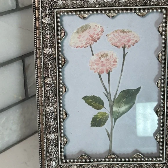 Pink Zinnia Flowers in a Vintage Azzure Home Pewter 5.5” x 3.5” Picture Frame - Picture 4 of 12